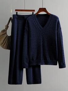 Linhara Plus Size Women's Casual V-Neck Top And Pants 2 Pieces Sweater Set Winter - Navy Blue - View 1