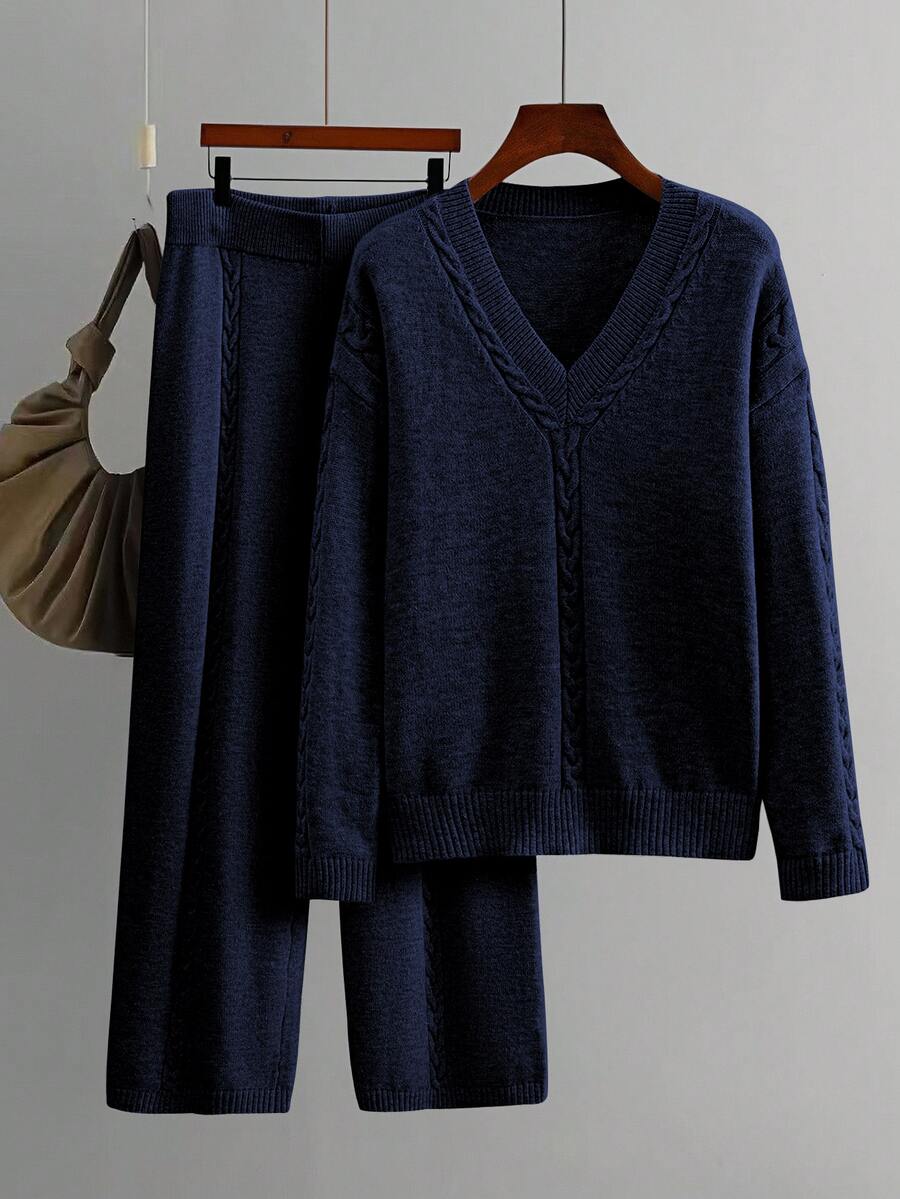 Linhara Plus Size Women's Casual V-Neck Top And Pants 2 Pieces Sweater Set Winter - Navy Blue - View 1