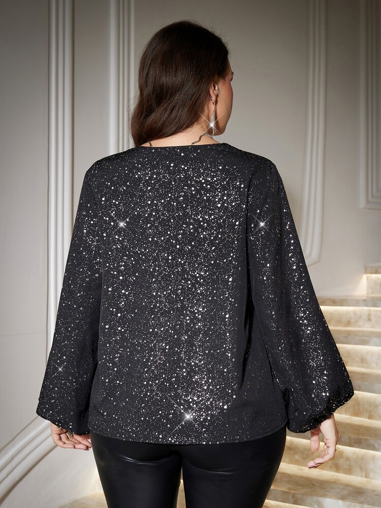 Reflora Plus Size Women's V-Neck Lace Patchwork Fashion Versatile Blouse Fall - Black - View 3