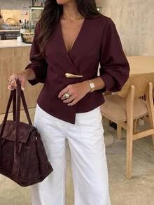 Aloruh Women's Solid Color V-Neck Casual Versatile Daily Long Sleeve Jacket,New Fall Styles Autumn Outfit For Women - Coffee Brown - View 1
