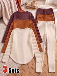 SHEIN 女童三件套，花卉長袖上衣，修身長褲，純色羅紋圓弧下擺，適合秋冬穿著，校園穿搭 - 棕色 - 查看 2