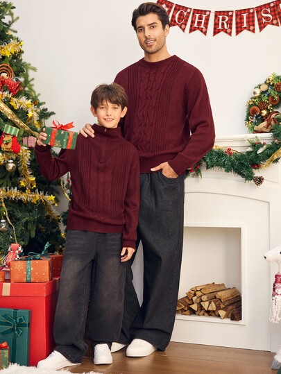 SHEIN Kids Tween Boy Burgundy Autumn/Winter College Style Basic Vintage Textured Jacquard British Solid Color Knit Soft Small Stand Collar Long Sleeve Half-Zip Pullover Top, Soft And Comfortable For School, Home, Outings, New Year