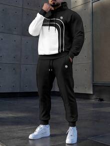 Manfinity Homme 男士 2 件組拼色連帽衫與慢跑長褲套裝，圖案運動服，適合秋冬街頭風、日常穿著與戶外活動 - 黑色 - 查看 1