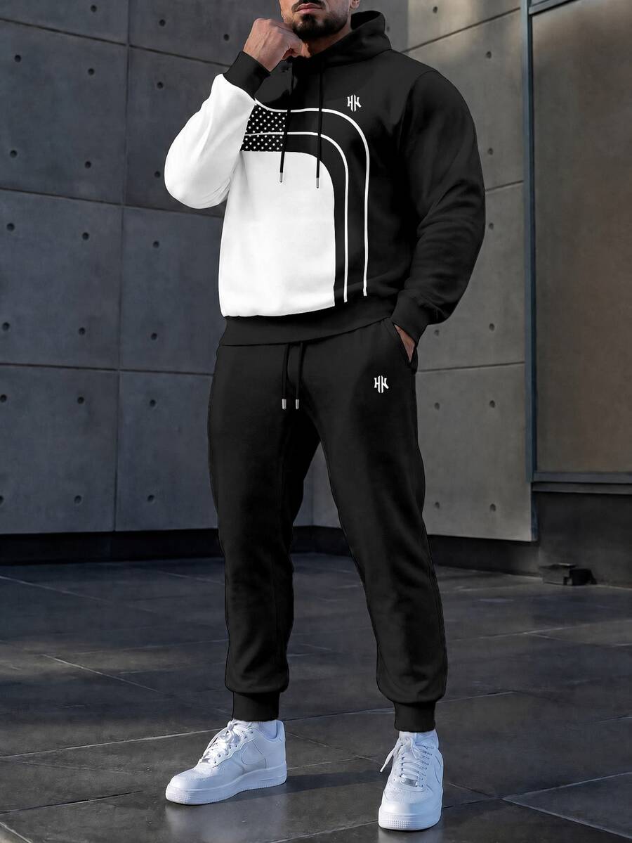 Manfinity Homme 男士 2 件組拼色連帽衫與慢跑長褲套裝，圖案運動服，適合秋冬街頭風、日常穿著與戶外活動 - 黑色 - 查看 1
