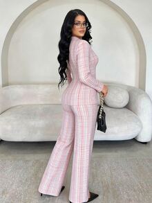 SHEIN Autumn/Winter Pink And White Tweed Long Sleeve Blazer Suit Set Office Work Casual Elegant - Pink - View 2