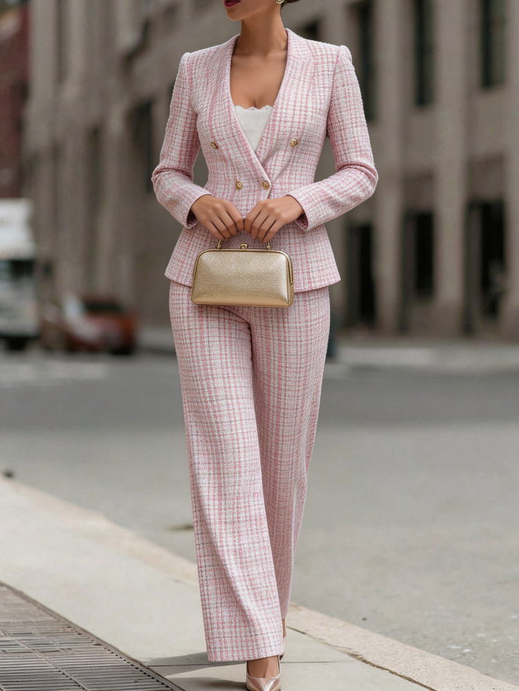 SHEIN Autumn/Winter Pink And White Tweed Long Sleeve Blazer Suit Set Office Work Casual Elegant - Pink - View 1