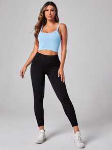 Sovereign Charm Women's Solid Color Round Neck Raglan Sleeve Long Sleeve Sports T-Shirt With Seamless Thumbs Hole Workout Cami Top - Baby Blue - View 4