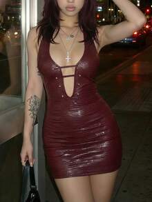 Bitrose Burgundy Women's Fashion Sexy Street Style Deep V-Neck Backless Rivet Decor Bodycon Mini Dress, Autumn Street Chic Y2K Dance Style Night Out - Red - View 8