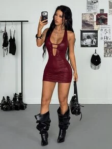 Bitrose Burgundy Women's Fashion Sexy Street Style Deep V-Neck Backless Rivet Decor Bodycon Mini Dress, Autumn Street Chic Y2K Dance Style Night Out - Red - View 4
