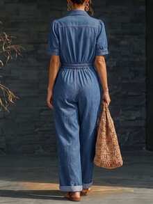 LUMIGAL Jumpsuit Denim Wanita dengan Kancing dan Saku - Biru - View 2