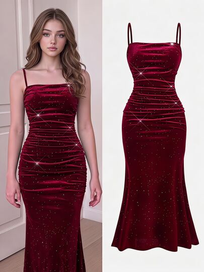 SHEIN Tween Girl Autumn/Winter Christmas Spaghetti Strap Glitter Velvet Pleated Dress, Elegant Burgundy Mermaid Long Fitted Dress For Ball, Party, Evening Event, Halloween, Christmas, New Year, Festival Outfits, Autumn