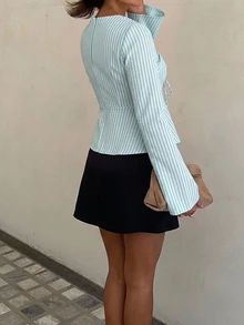 Siren Gaze 秋季女款條紋深V領修身長袖T恤，適合度假、派對、約會、節慶，Y2K風格，優雅休閒正式商務鄉村風 - 薄荷藍 - 查看 2
