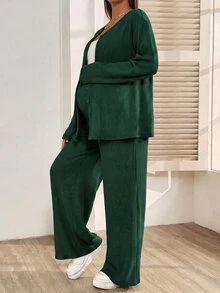 SHEIN 孕婦鈕扣長袖上衣與可調腰圍長褲 2 件套裝 - 墨綠色 - 查看 4