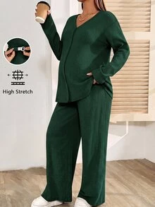 SHEIN 孕婦鈕扣長袖上衣與可調腰圍長褲 2 件套裝 - 墨綠色 - 查看 7