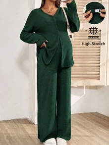 SHEIN 孕婦鈕扣長袖上衣與可調腰圍長褲 2 件套裝 - 墨綠色 - 查看 1