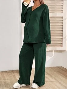 SHEIN 孕婦鈕扣長袖上衣與可調腰圍長褲 2 件套裝 - 墨綠色 - 查看 5