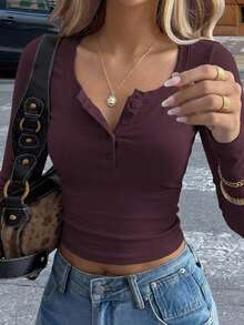 DAZY Women's Solid Color Button-Up Long Sleeve Fitted T-Shirt, Spring Summer,Fall Clothes - Burgundy - View 7
