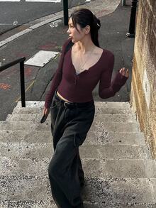 DAZY Women's Solid Color Button-Up Long Sleeve Fitted T-Shirt, Spring Summer,Fall Clothes - Burgundy - View 4
