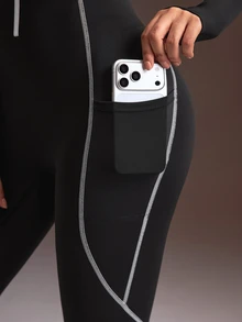 Powerista Women's Black Contrast White Piping Decor High Neck Long Sleeve Long Pants Tight Jumpsuit - Black and White - View 6
