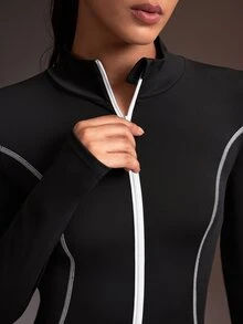 Powerista Women's Black Contrast White Piping Decor High Neck Long Sleeve Long Pants Tight Jumpsuit - Black and White - View 5