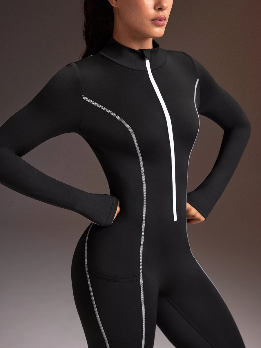 Powerista Women's Black Contrast White Piping Decor High Neck Long Sleeve Long Pants Tight Jumpsuit - Black and White - View 1