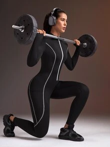 Powerista Women's Black Contrast White Piping Decor High Neck Long Sleeve Long Pants Tight Jumpsuit - Black and White - View 7