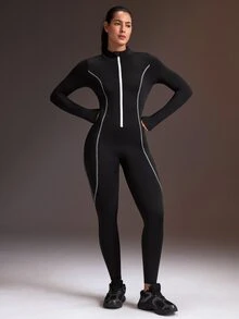 Powerista Women's Black Contrast White Piping Decor High Neck Long Sleeve Long Pants Tight Jumpsuit - Black and White - View 4