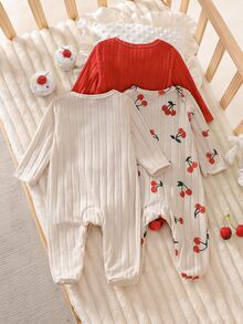 SHEIN 新生兒長袖連身褲，可愛秋冬新品，磨毛羅紋布料搭配櫻桃印花與英文字母圖案，舒適適合新生兒與嬰兒，居家穿著睡衣休閒套裝 - 紅白色 - 查看 2