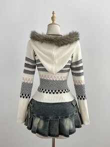 Elamini Women's Fashion Versatile Heavy-Duty Fur Collar Daily Commute Outfit Autumn/Winter Fair Isle Cardigan - Multicolor - View 2