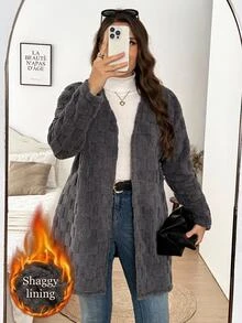 SHEIN LUNE 大尺碼女款長袖拉鍊休閒夾克 - 灰色 - 查看 9