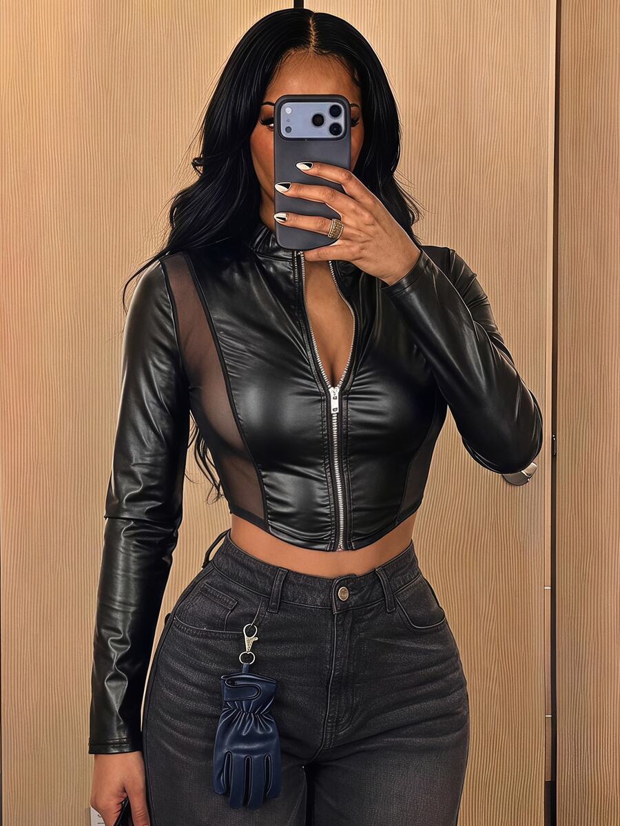SHEIN SXY Women's Solid Color PU Leather Zipper Front Mesh Patchwork Jacket - Black - View 1