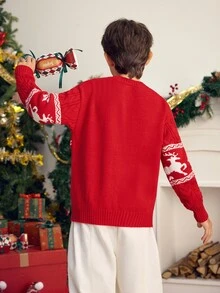SHEIN 兒童青少年男孩休閒百搭趣味可愛馴鹿雪花聖誕紅色圓領毛衣，適合秋冬居家、戶外、聖誕派對、通勤、學校、日常休閒穿著、運動 - 紅色 - 查看 7