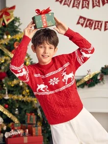 SHEIN 兒童青少年男孩休閒百搭趣味可愛馴鹿雪花聖誕紅色圓領毛衣，適合秋冬居家、戶外、聖誕派對、通勤、學校、日常休閒穿著、運動 - 紅色 - 查看 6