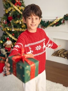 SHEIN 兒童青少年男孩休閒百搭趣味可愛馴鹿雪花聖誕紅色圓領毛衣，適合秋冬居家、戶外、聖誕派對、通勤、學校、日常休閒穿著、運動 - 紅色 - 查看 8