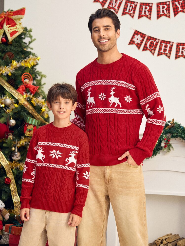 SHEIN Kids Tween Boy Casual Versatile Fun Cute Reindeer Snowflake Christmas Red Crew Neck Sweater, Suitable For Autumn/Winter Home, Outdoor, Christmas Party, Commuting, School, Daily Casual Wear, Sports - Red - View 2