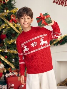 SHEIN 兒童青少年男孩休閒百搭趣味可愛馴鹿雪花聖誕紅色圓領毛衣，適合秋冬居家、戶外、聖誕派對、通勤、學校、日常休閒穿著、運動 - 紅色 - 查看 5