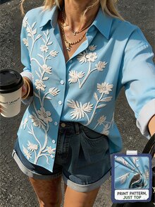 Franclia 女款花卉印花長袖單排扣休閒襯衫 - 淺藍色 - 查看 3