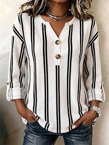 Holdful Holdful Striped Casual Blouse, Partial Vneck With Decorative Buttons. Rollup Sleeves, Relaxed Fit For Daily Looks. - Multicolor - View 1