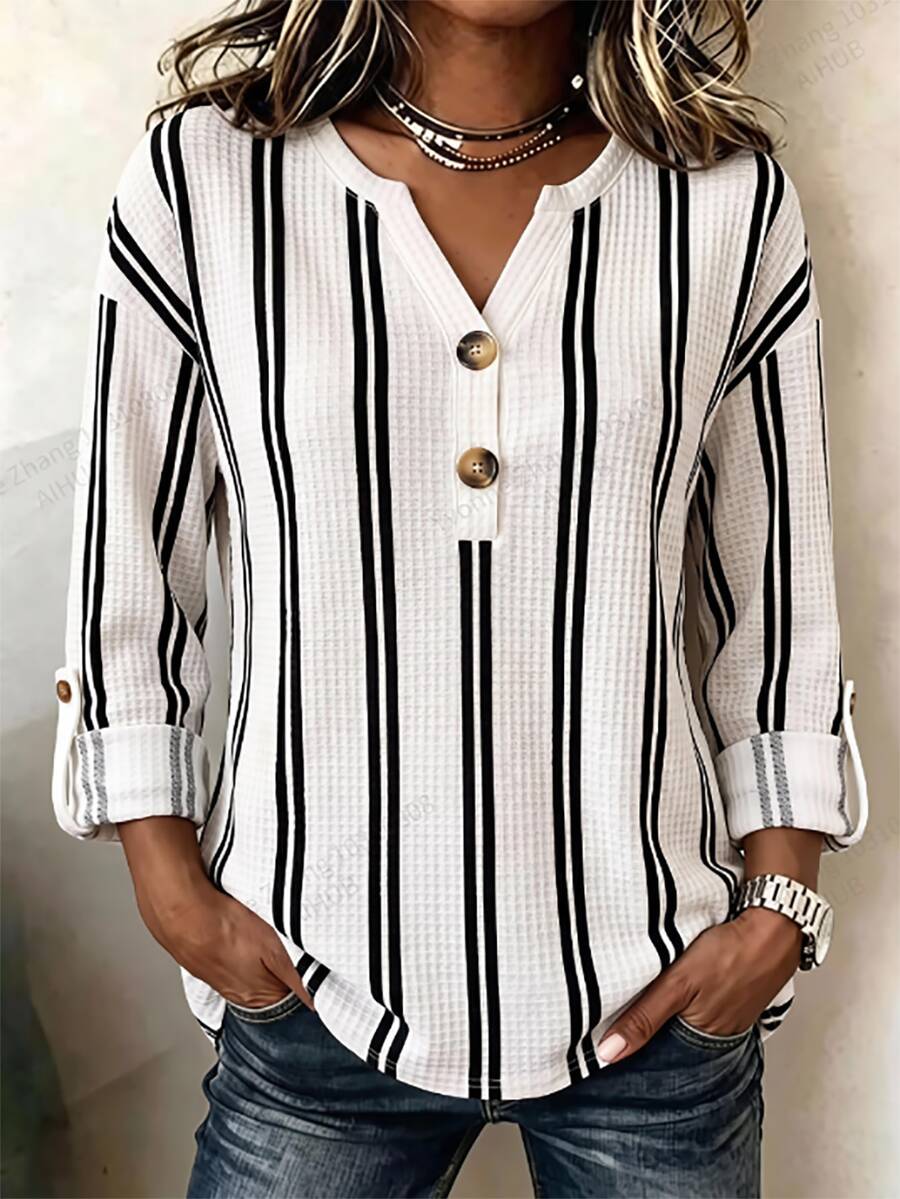 Holdful Holdful Striped Casual Blouse, Partial Vneck With Decorative Buttons. Rollup Sleeves, Relaxed Fit For Daily Looks. - Multicolor - View 1