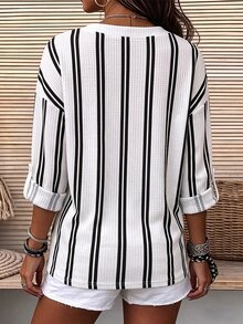 Holdful Holdful Striped Casual Blouse, Partial Vneck With Decorative Buttons. Rollup Sleeves, Relaxed Fit For Daily Looks. - Multicolor - View 2