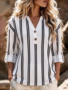 Holdful Holdful Striped Casual Blouse, Partial Vneck With Decorative Buttons. Rollup Sleeves, Relaxed Fit For Daily Looks. - Multicolor - View 4