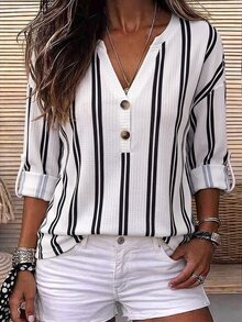 Holdful Holdful Striped Casual Blouse, Partial Vneck With Decorative Buttons. Rollup Sleeves, Relaxed Fit For Daily Looks. - Multicolor - View 3