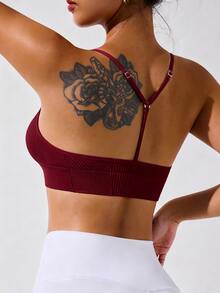 SHEIN Sovereign Charm 女款素色休閒日常穿著細肩帶運動內衣 - 酒紅色 - 查看 2
