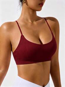 SHEIN Sovereign Charm 女款素色休閒日常穿著細肩帶運動內衣 - 酒紅色 - 查看 5