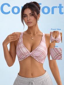 Sovereign Charm Women's Plaid Button Design Criss-Cross Back Sports Bra - Multicolor - View 1