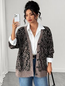 Elenzga Plus Size Vintage Leopard Print V-Neck Long Sleeve Loose Knit Cardigan Sweater - Multicolor - View 5