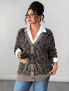 Elenzga Plus Size Vintage Leopard Print V-Neck Long Sleeve Loose Knit Cardigan Sweater - Multicolor - View 6