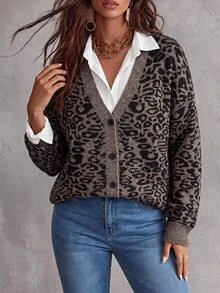 Elenzga Plus Size Vintage Leopard Print V-Neck Long Sleeve Loose Knit Cardigan Sweater - Multicolor - View 1