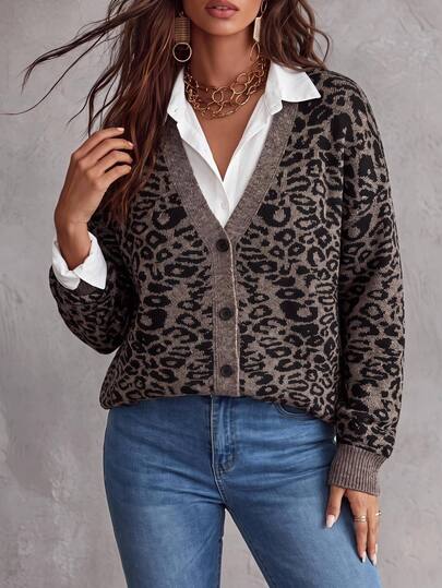 Elenzga Plus Size Vintage Leopard Print V-Neck Long Sleeve Loose Knit Cardigan Sweater