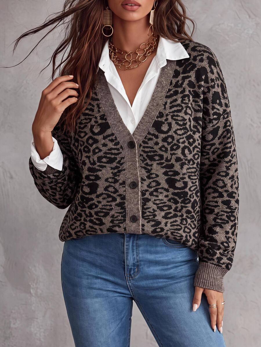 Elenzga Plus Size Vintage Leopard Print V-Neck Long Sleeve Loose Knit Cardigan Sweater - Multicolor - View 1